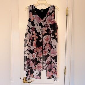 Sheer Layered Floral V-Neck long blouse - Pink on Black